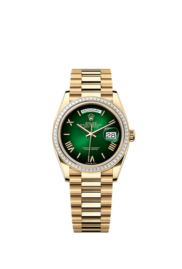 Rolex Day-Date 36mm 18K Yellow Gold Baguette Diamond Bezel President Bracelet Automatic Watch